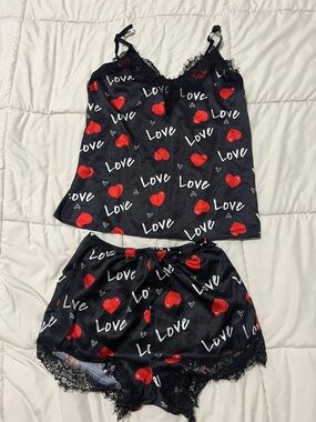 CBR Black Satin 'Love' Cami & Shorts Set with Red Heart Print